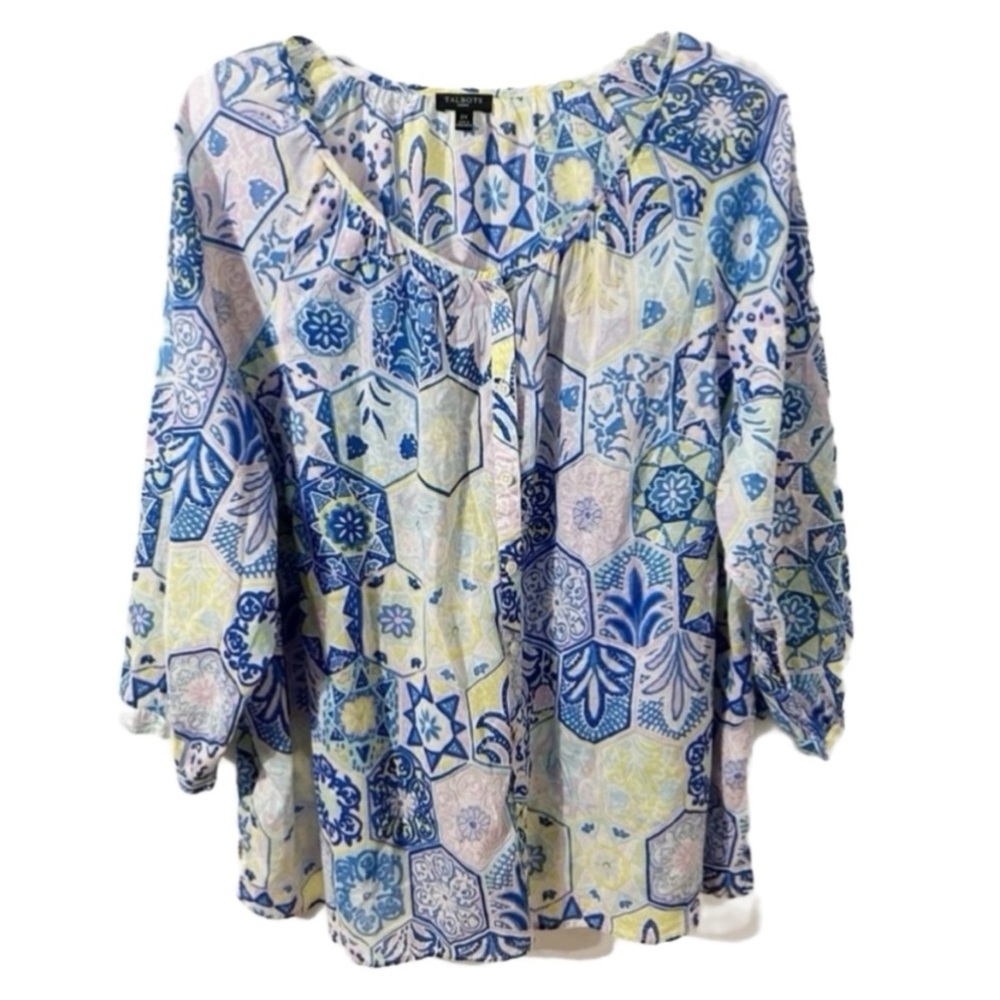 Talbots Peasant Style Honeycomb Pattern Floral Blouse Scoop Neck Self Tie Bow💙💛